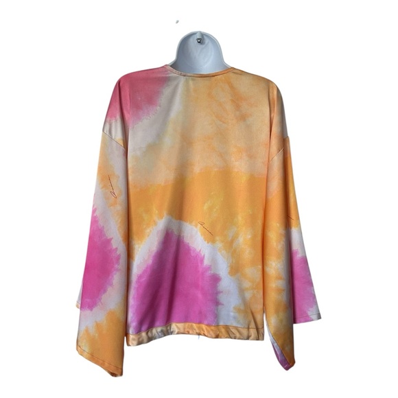 Ramona LaRue Multicolor Satin Blouse Kimono Sleeve Drawstring Excellent Size M/L - Picture 4 of 9
